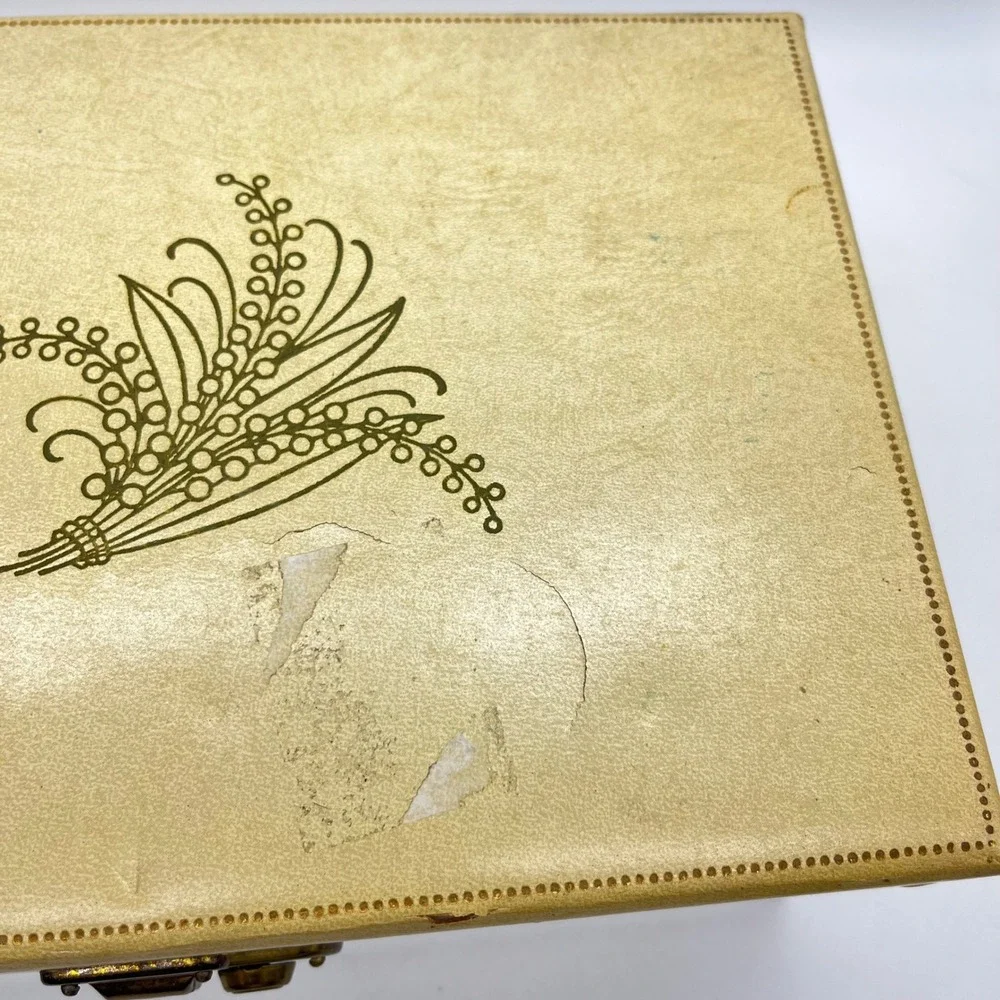 Vintage Cream Faux Leather Jewelry Box Red Velvet Lining Gold Floral Latch